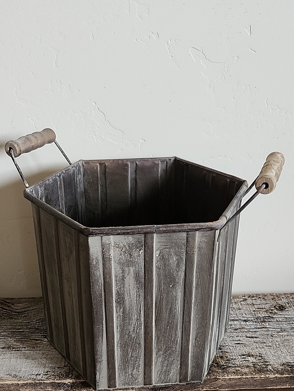 Rustic Hexagonal Metal Storage Bin with Wooden Handles